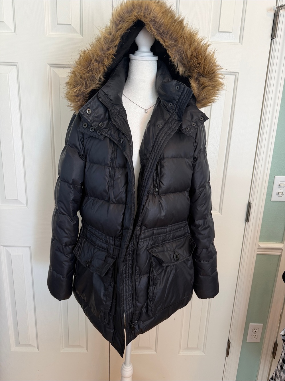 Ralph Lauren Black Hooded Puffer Coat with Faux-Fur Trim